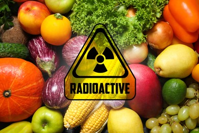 Image of Fresh vegetables, fruits and radioactive sign. Environmental contamination, polluted food