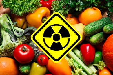 Image of Fresh vegetables and radioactive sign. Environmental contamination, polluted food