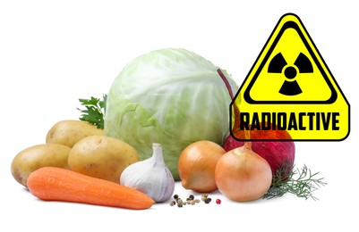 Image of Fresh vegetables and radioactive sign on white background. Environmental contamination, polluted food