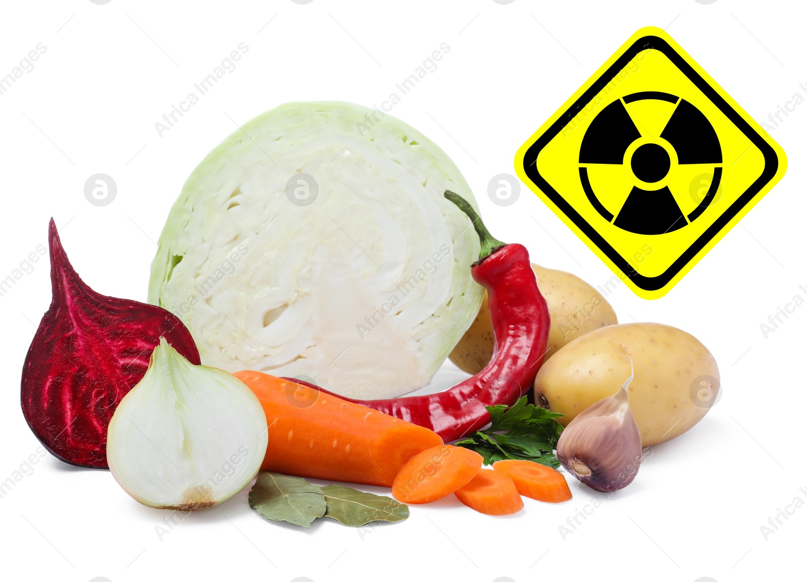Image of Fresh vegetables and radioactive sign on white background. Environmental contamination, polluted food