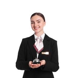 Photo of Smiling receptionist in uniform holding service bell on white background