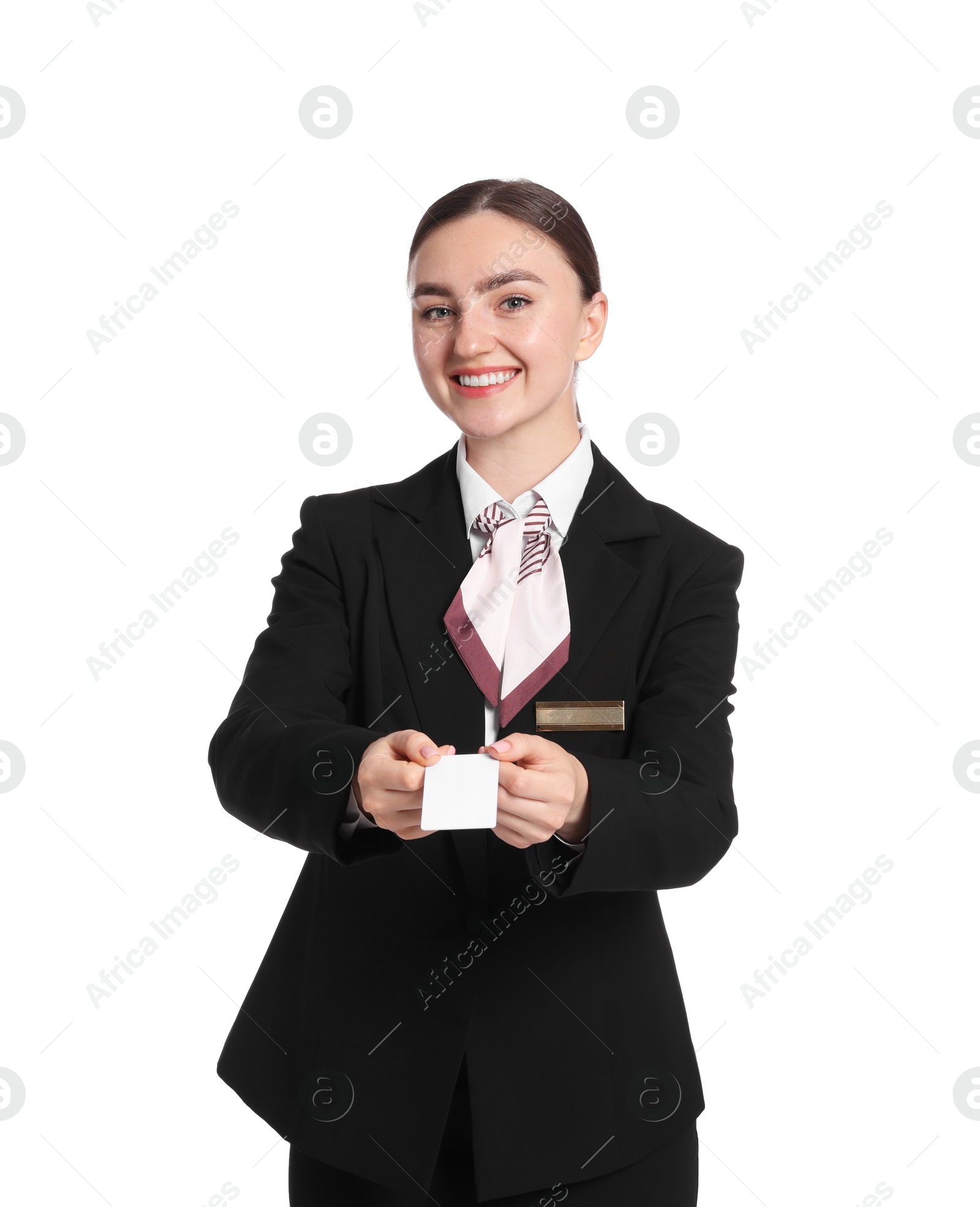 Smiling receptionist in uniform giving hotel key card on white background Photo of Smiling receptionist in uniform giving hotel key card on white background