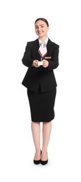 Photo of Smiling receptionist in uniform giving hotel key card on white background
