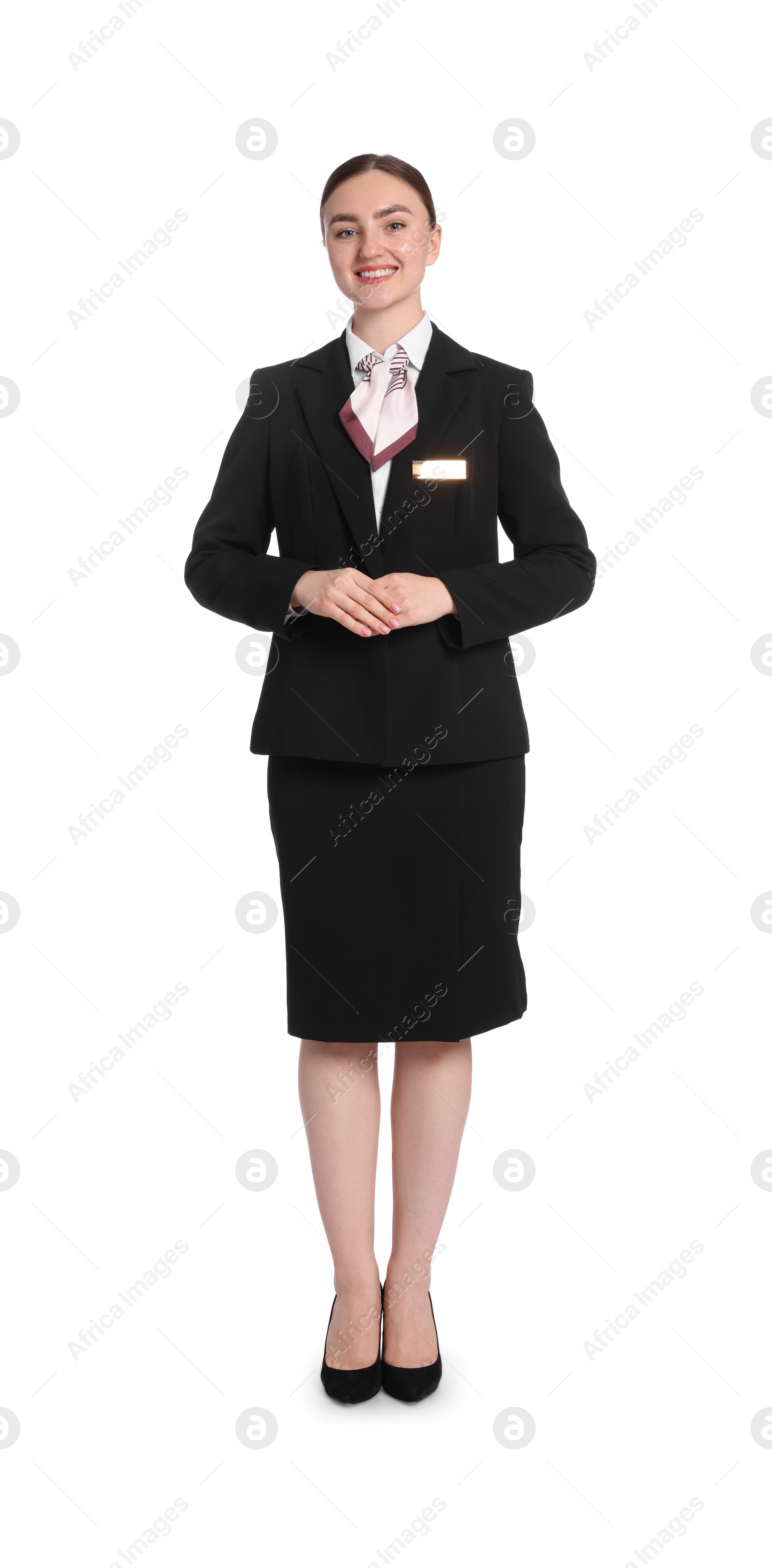 Smiling receptionist in uniform on white background Photo of Smiling receptionist in uniform on white background