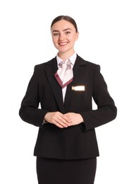 Photo of Smiling receptionist in uniform on white background