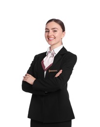 Photo of Smiling receptionist in uniform with crossed arms on white background