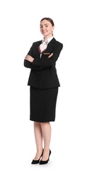 Photo of Smiling receptionist in uniform with crossed arms on white background