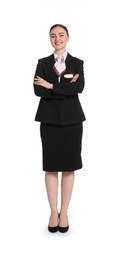 Photo of Smiling receptionist in uniform with crossed arms on white background