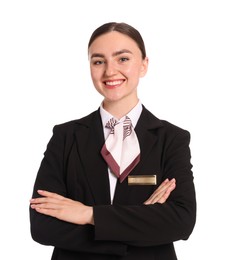 Photo of Smiling receptionist in uniform with crossed arms on white background