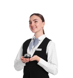Photo of Smiling receptionist in uniform holding service bell on white background