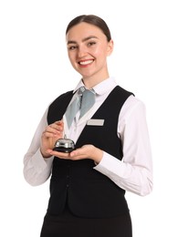 Photo of Smiling receptionist in uniform holding service bell on white background