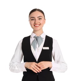 Photo of Smiling receptionist in uniform on white background