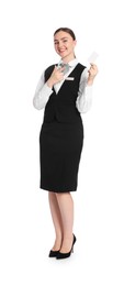 Photo of Smiling receptionist in uniform pointing at hotel key card on white background