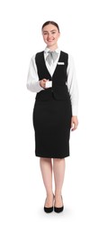 Photo of Smiling receptionist in uniform giving hotel key card on white background