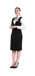 Photo of Smiling receptionist in uniform on white background