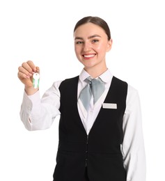 Photo of Smiling receptionist in uniform with guest room key on white background
