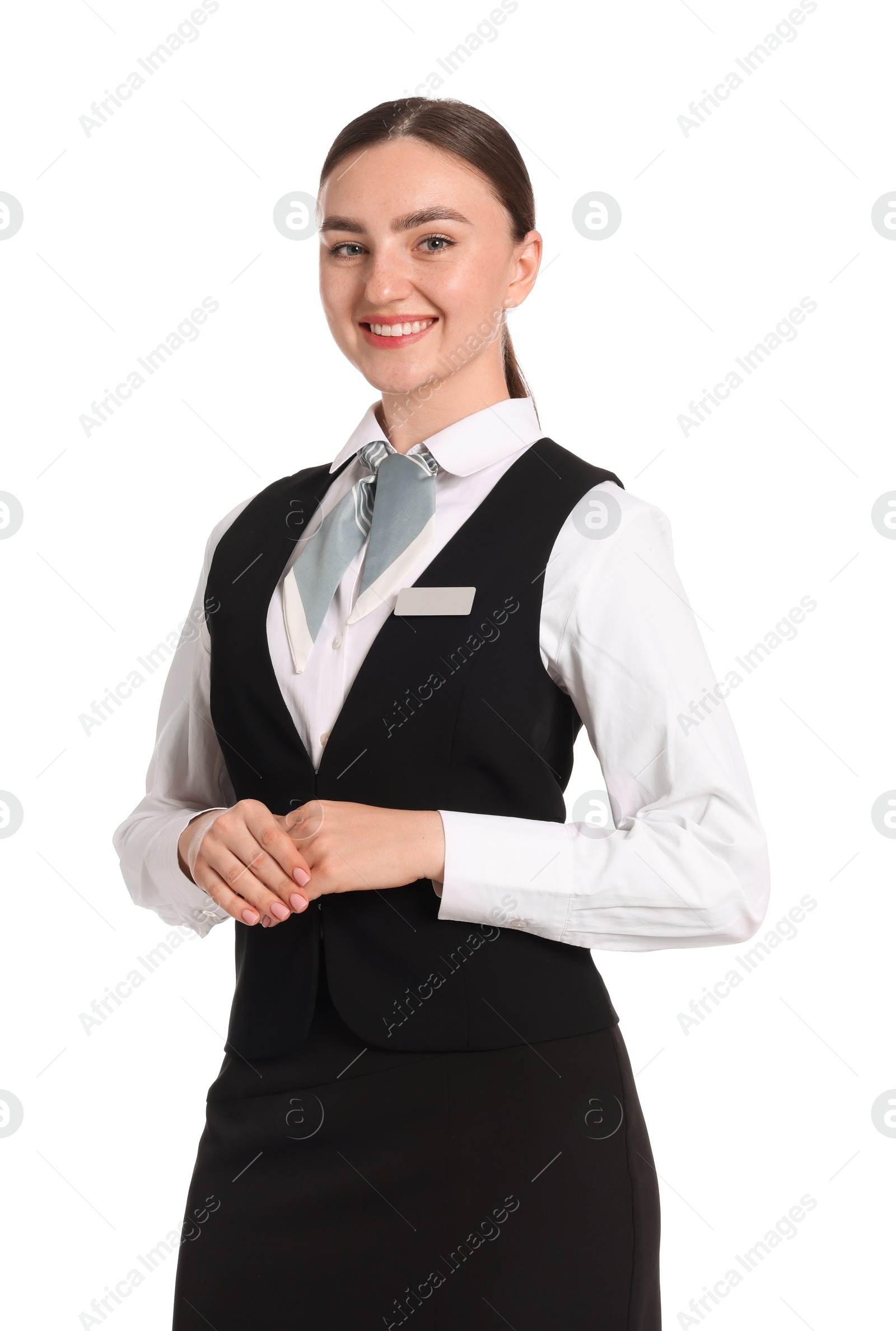 Smiling receptionist in uniform on white background Photo of Smiling receptionist in uniform on white background