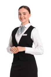 Photo of Smiling receptionist in uniform on white background