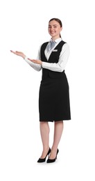 Photo of Smiling receptionist in uniform welcoming on white background