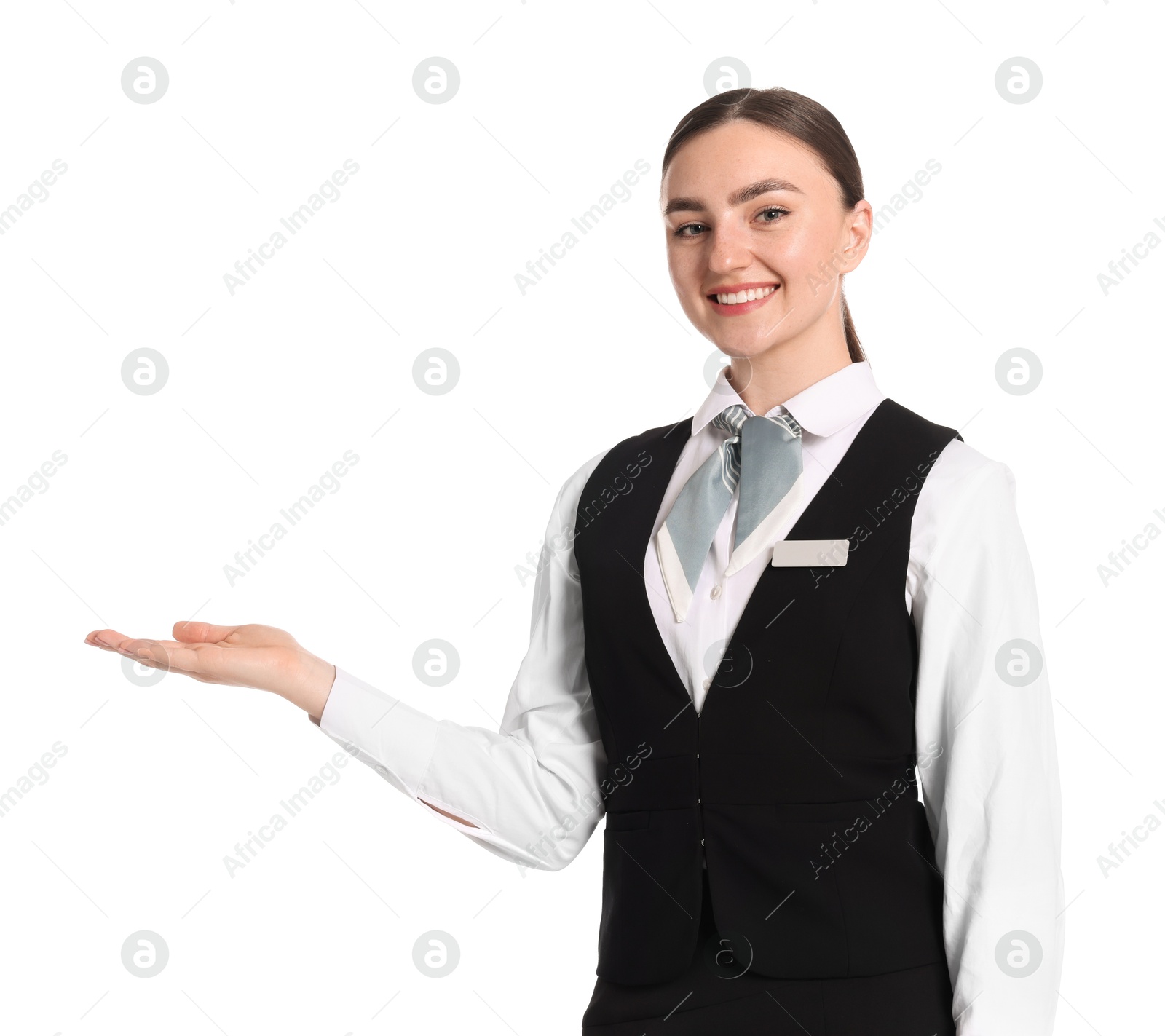 Smiling receptionist in uniform welcoming on white background Photo of Smiling receptionist in uniform welcoming on white background