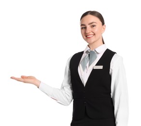 Photo of Smiling receptionist in uniform welcoming on white background