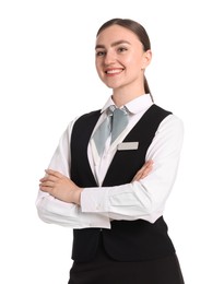 Photo of Smiling receptionist in uniform with crossed arms on white background