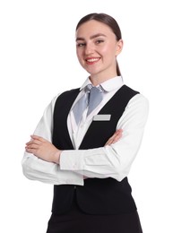 Photo of Smiling receptionist in uniform with crossed arms on white background