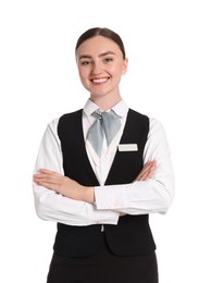 Photo of Smiling receptionist in uniform with crossed arms on white background