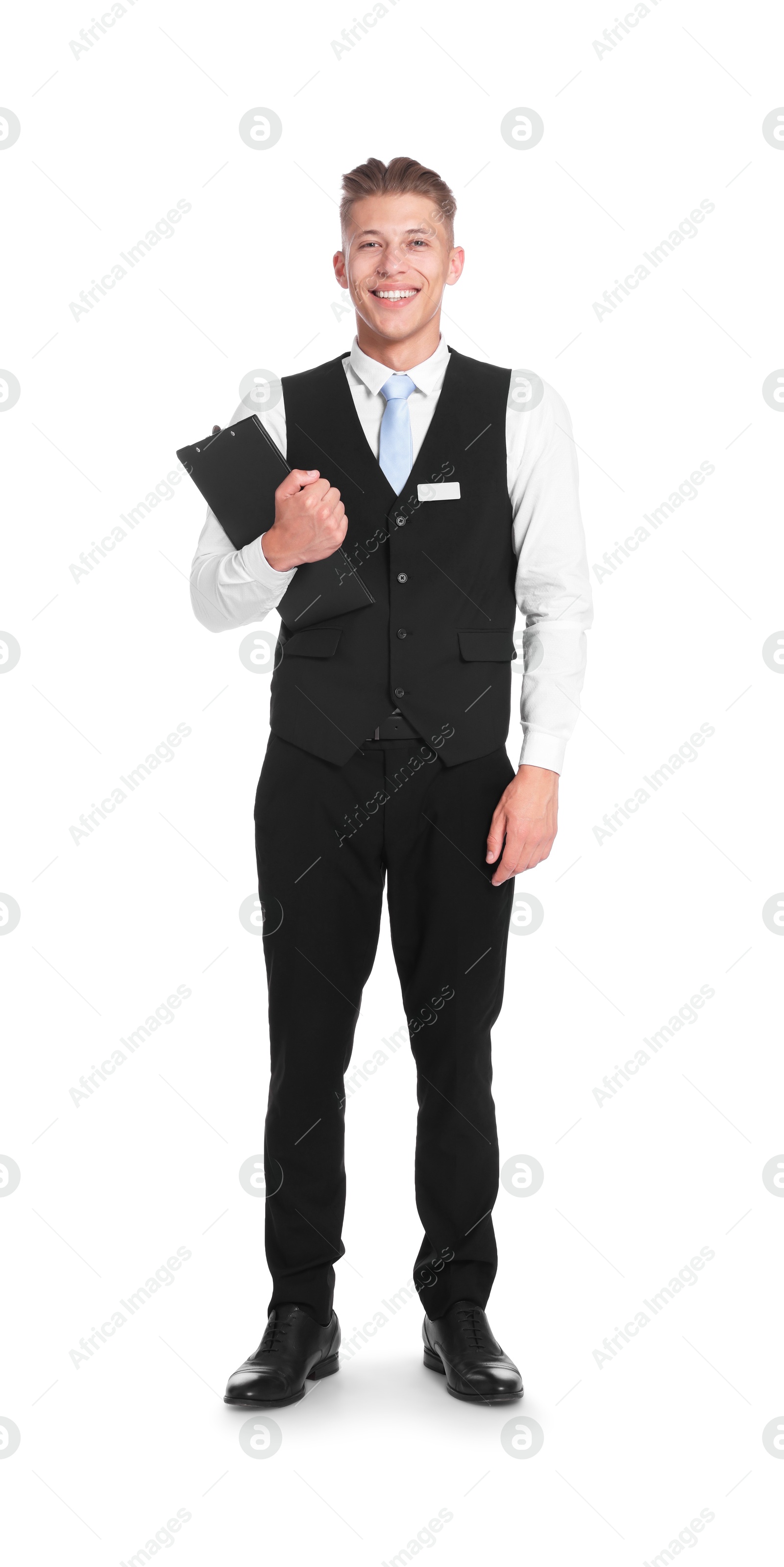Smiling receptionist in uniform with clipboard on white background Photo of Smiling receptionist in uniform with clipboard on white background