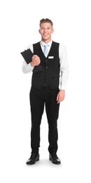 Photo of Smiling receptionist in uniform with clipboard on white background
