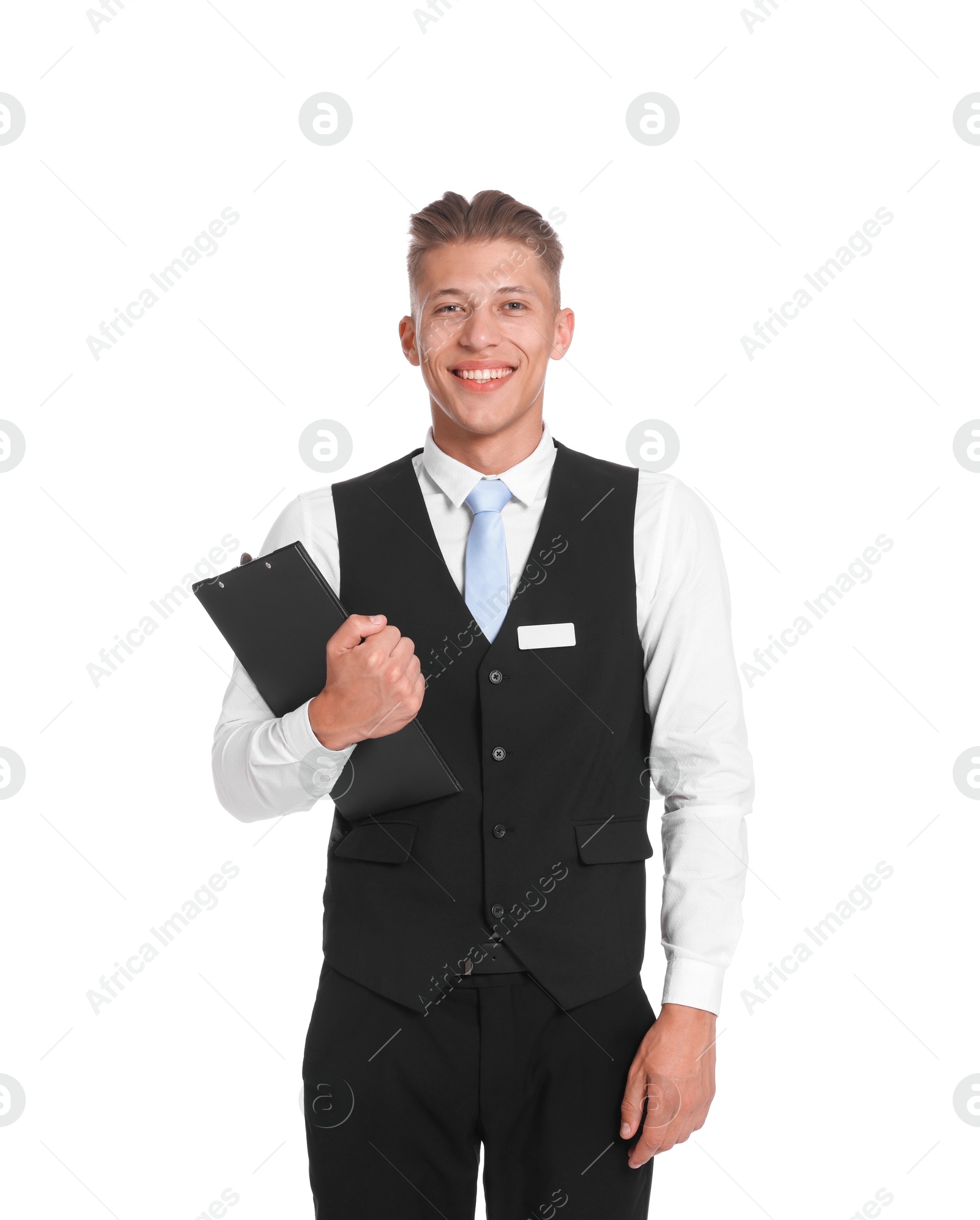 Smiling receptionist in uniform with clipboard on white background Photo of Smiling receptionist in uniform with clipboard on white background