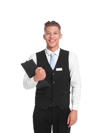 Photo of Smiling receptionist in uniform with clipboard on white background