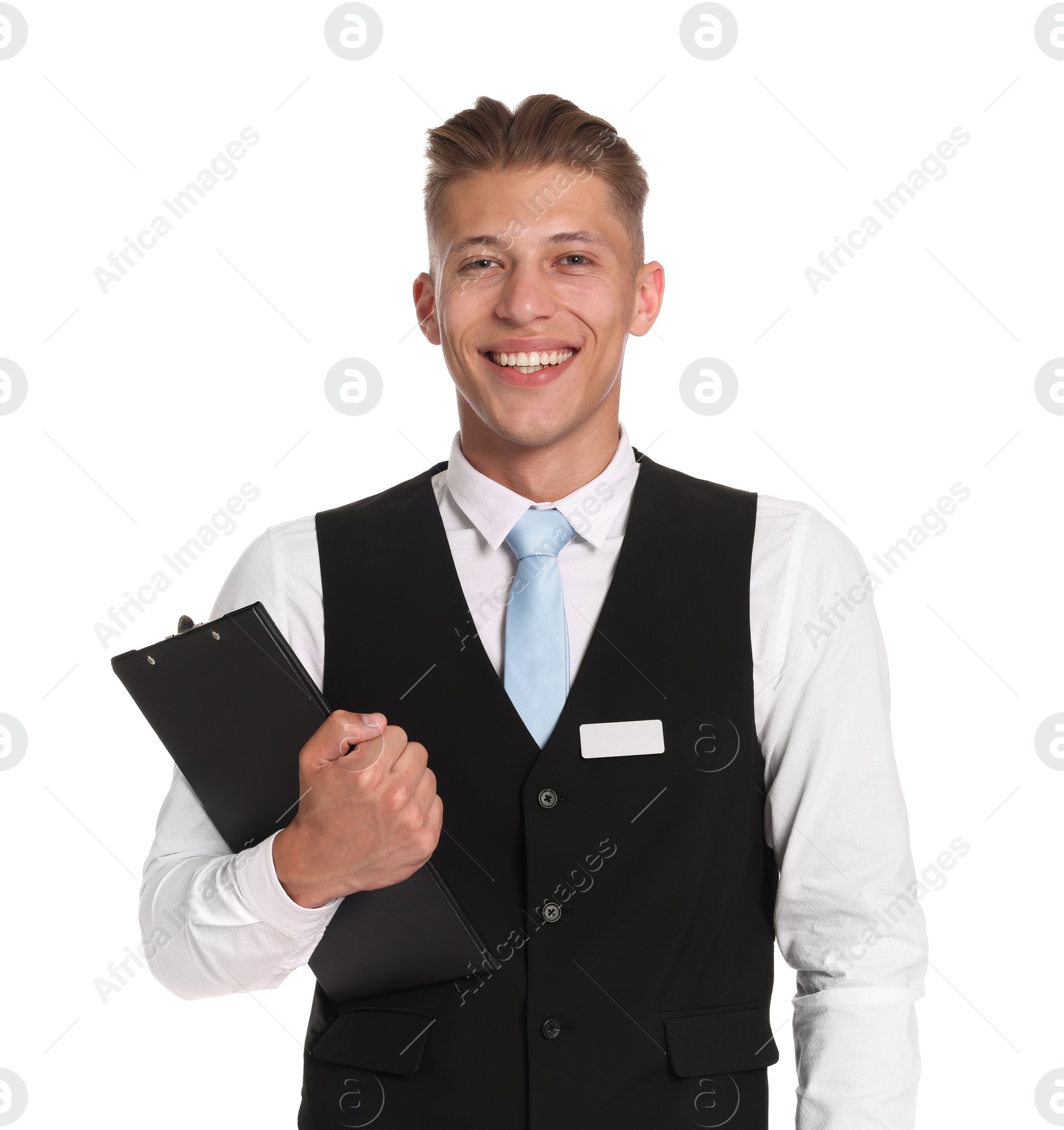 Smiling receptionist in uniform with clipboard on white background Photo of Smiling receptionist in uniform with clipboard on white background