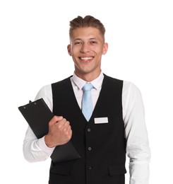 Photo of Smiling receptionist in uniform with clipboard on white background