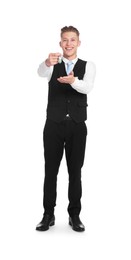 Photo of Smiling receptionist in uniform with guest room key on white background