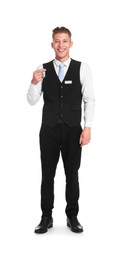 Photo of Smiling receptionist in uniform with guest room key on white background