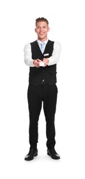 Photo of Smiling receptionist in uniform giving hotel key card on white background
