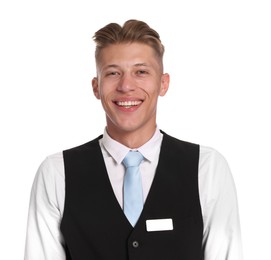 Photo of Smiling receptionist in uniform on white background