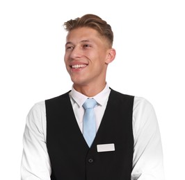 Photo of Smiling receptionist in uniform on white background
