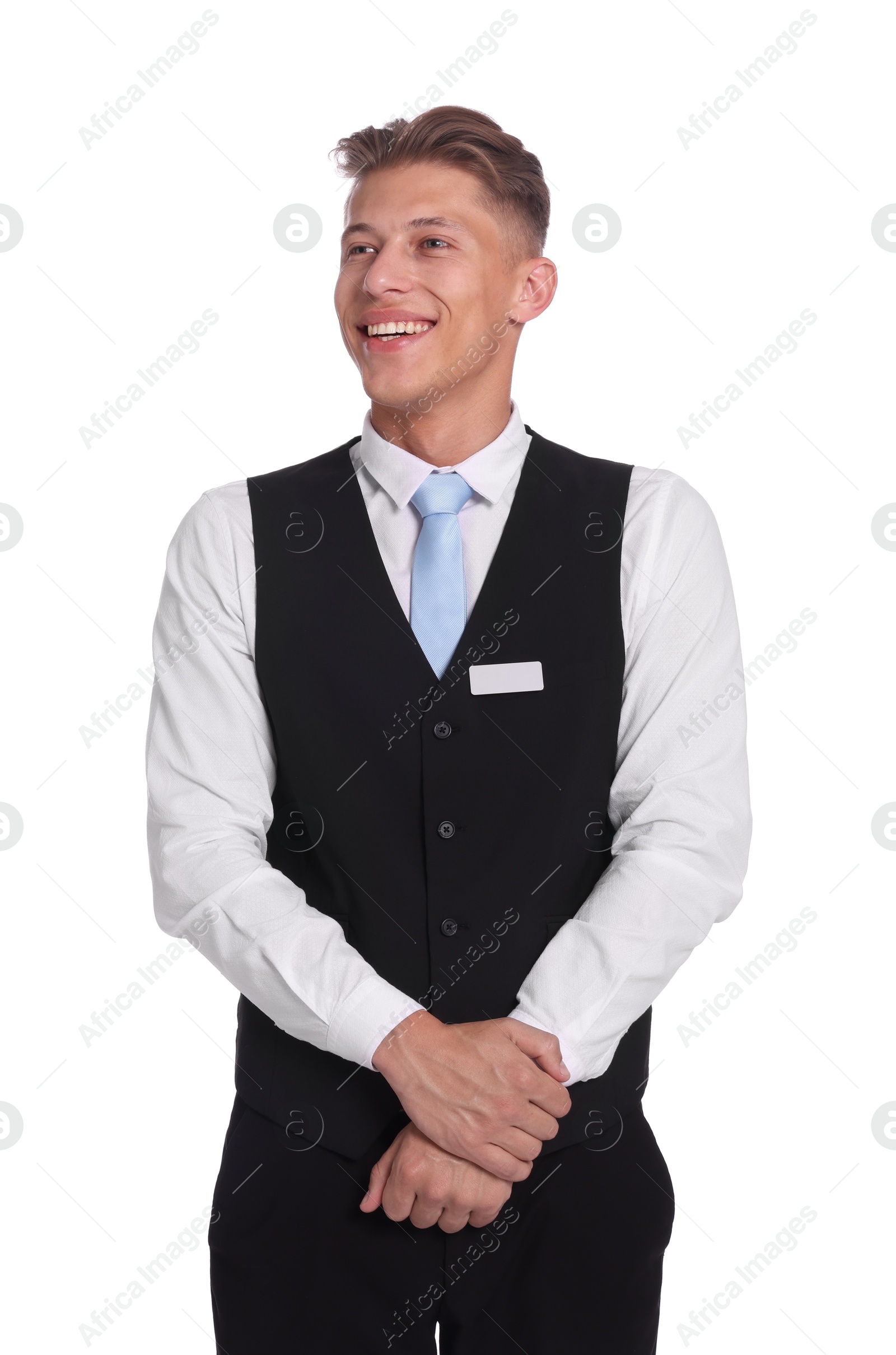 Smiling receptionist in uniform on white background Photo of Smiling receptionist in uniform on white background