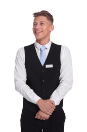 Photo of Smiling receptionist in uniform on white background