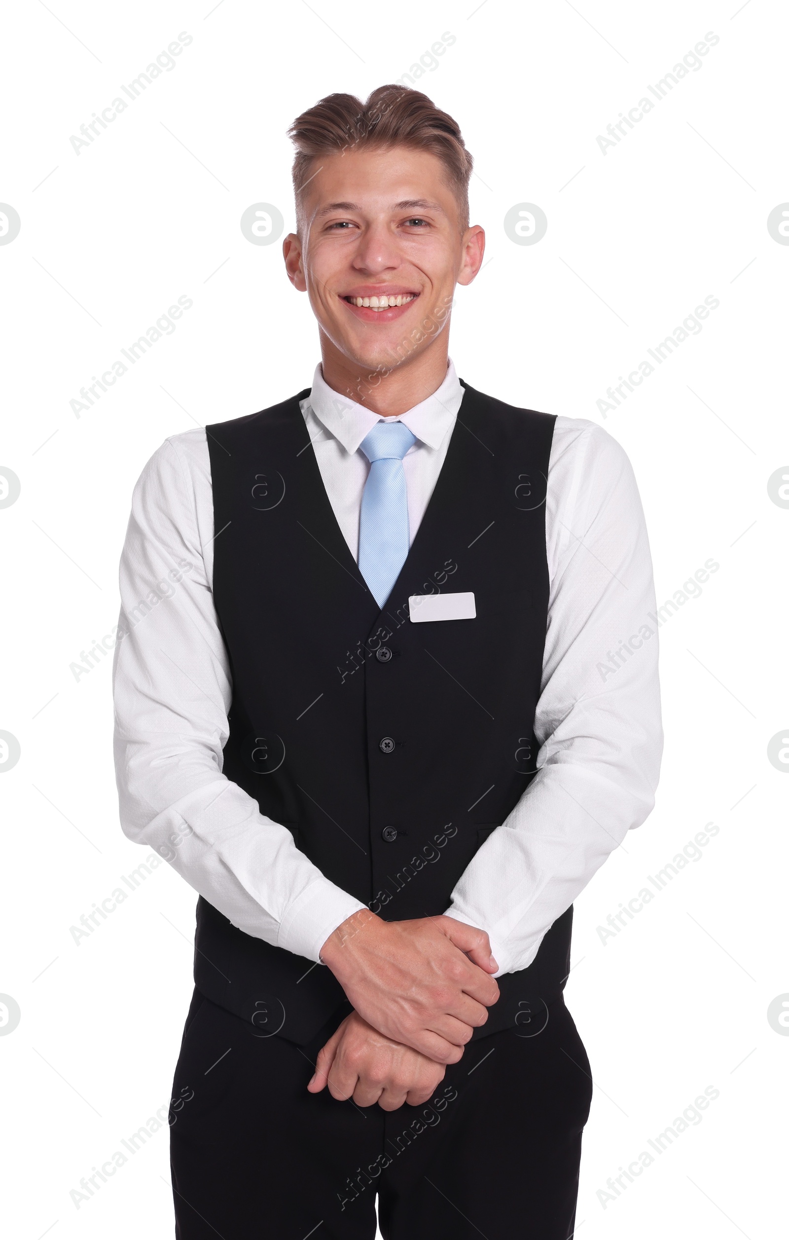 Smiling receptionist in uniform on white background Photo of Smiling receptionist in uniform on white background