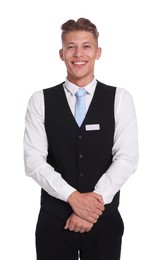 Photo of Smiling receptionist in uniform on white background