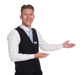 Photo of Smiling receptionist in uniform welcoming on white background