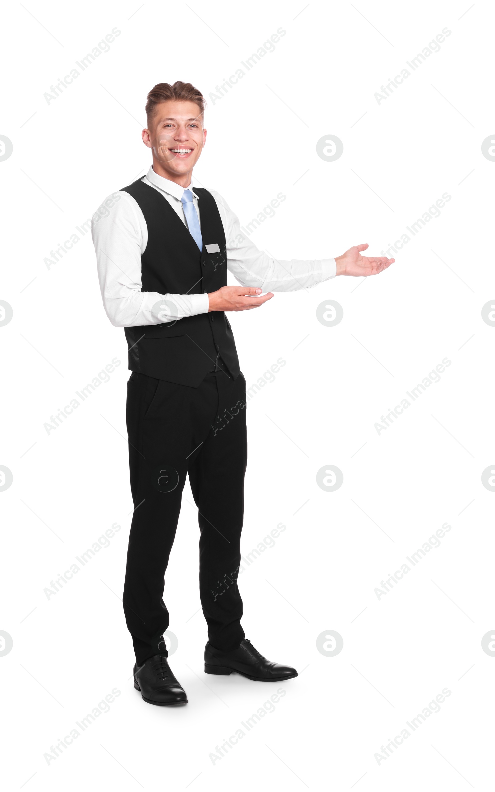Photo of Smiling receptionist in uniform welcoming on white background