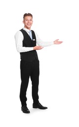 Photo of Smiling receptionist in uniform welcoming on white background