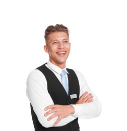 Photo of Smiling receptionist in uniform with crossed arms on white background