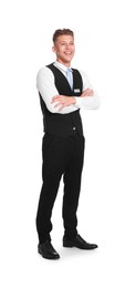 Photo of Smiling receptionist in uniform with crossed arms on white background