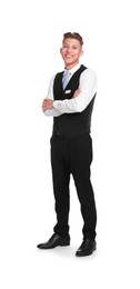 Photo of Smiling receptionist in uniform with crossed arms on white background