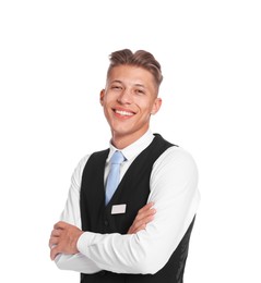Photo of Smiling receptionist in uniform with crossed arms on white background